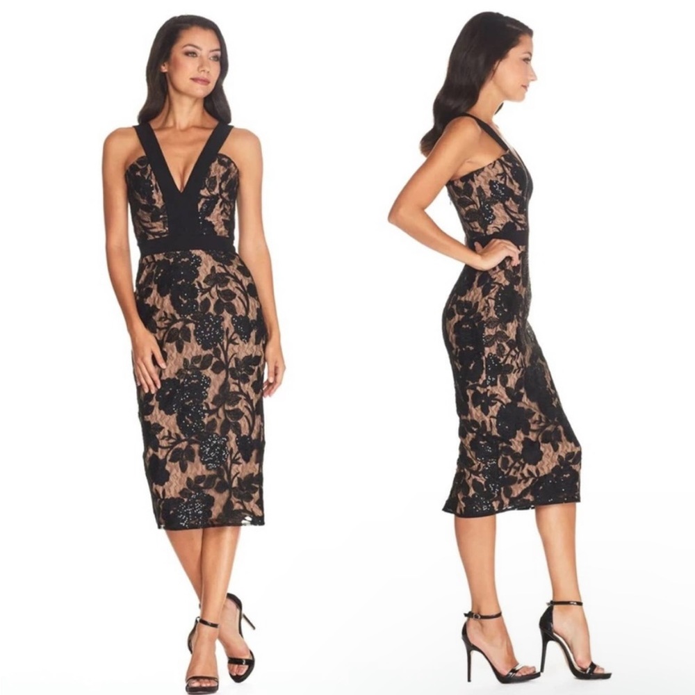 NEW Dress The Population Aspen Floral Lace Sheath Midi Dress in Nude & Black XS